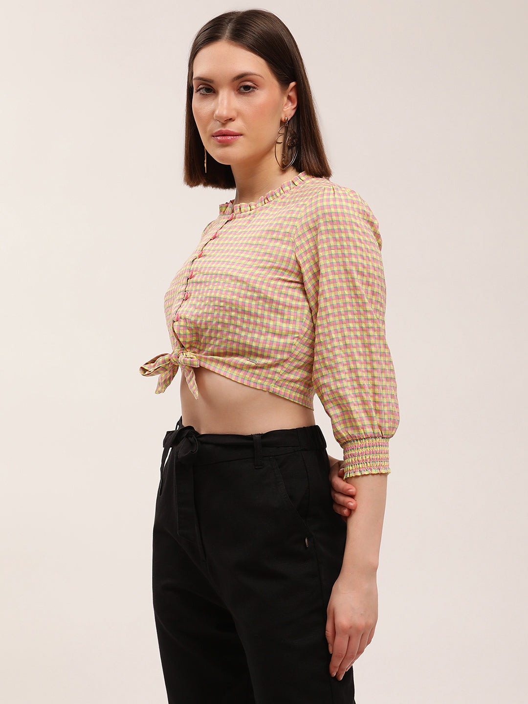 Elle Women Multi Checked Round Neck Top