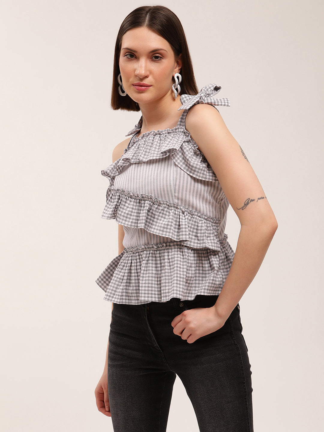 Elle Women Black Striped Assymetrical Neck Top