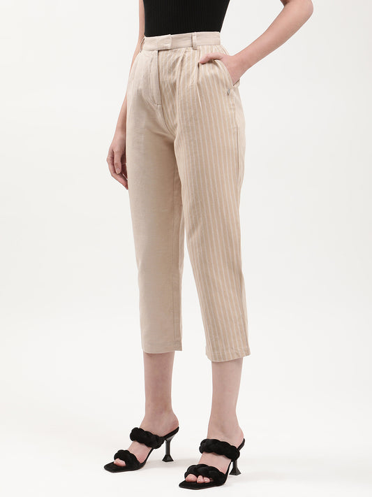 Elle Women Beige Striped Relaxed Fit Trouser