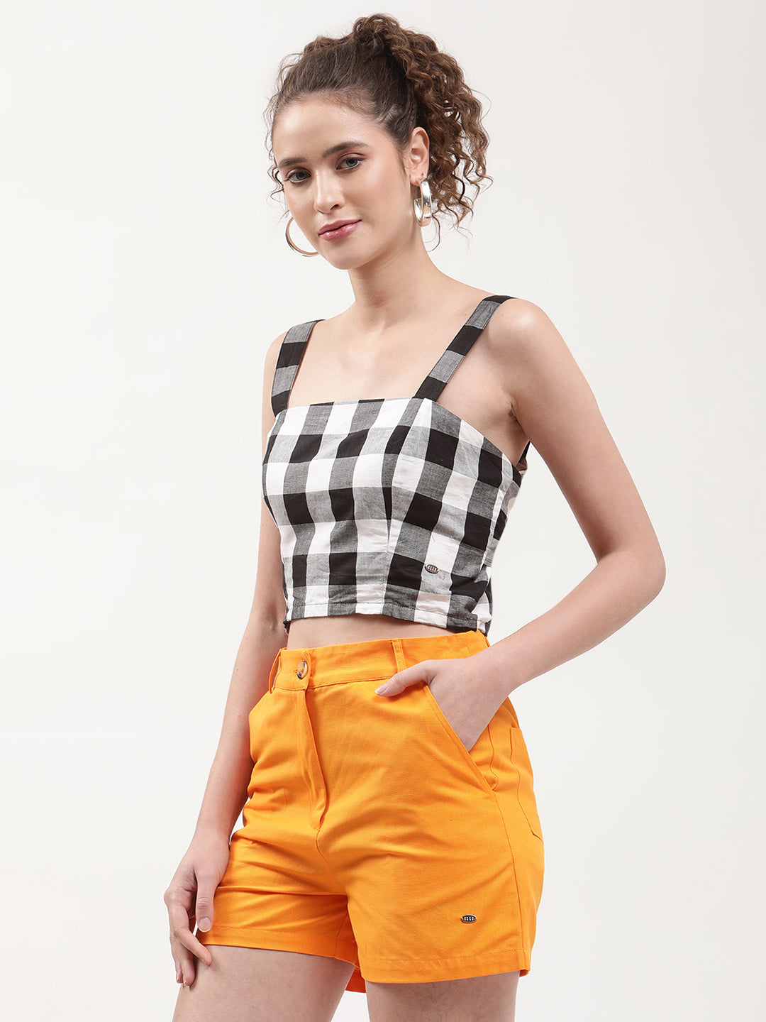 Elle Women Black Checked Square Neck Top