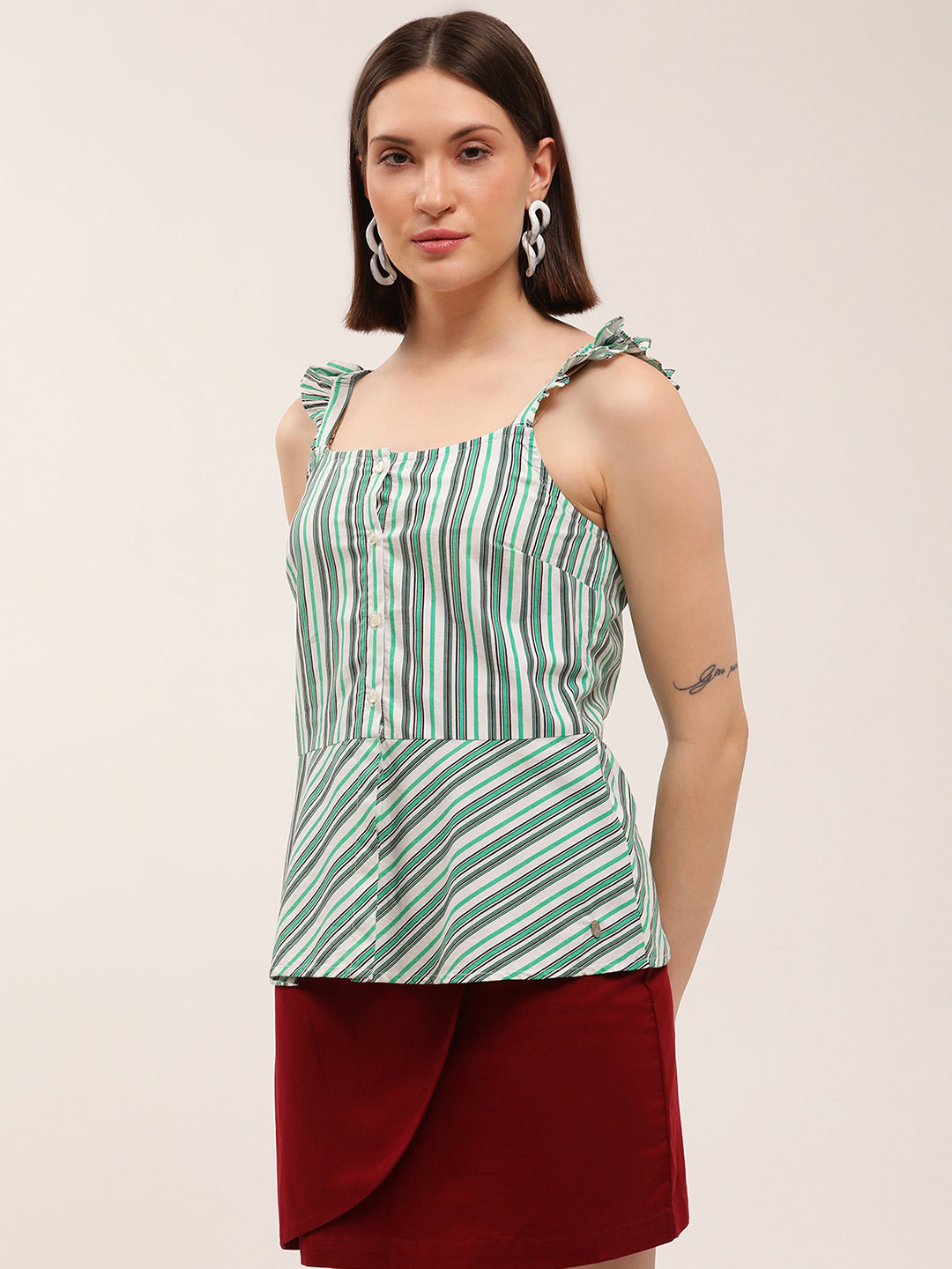 Elle Women Green Striped Square Neck Top