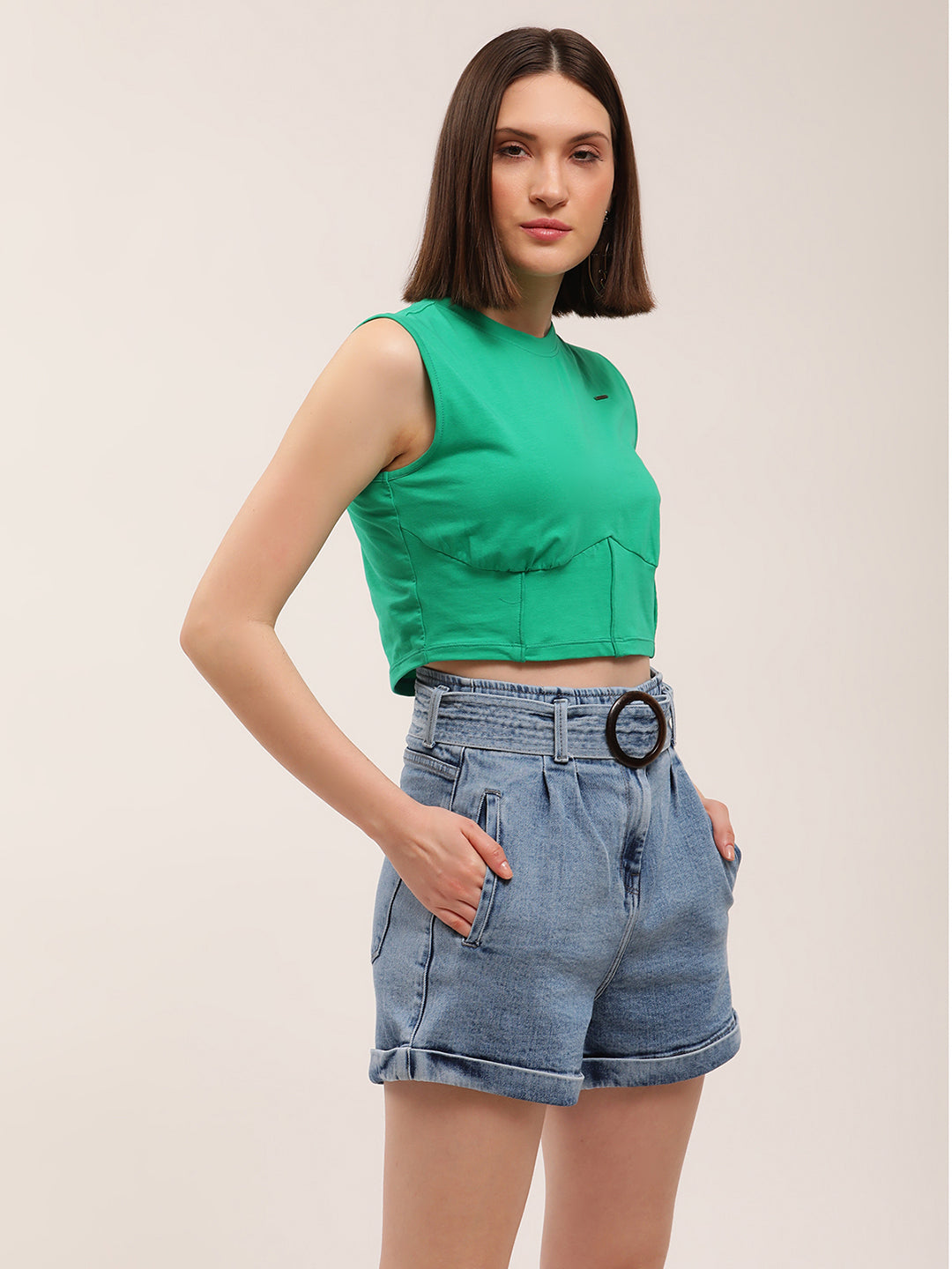 Elle Women Green Solid Round Neck TShirt