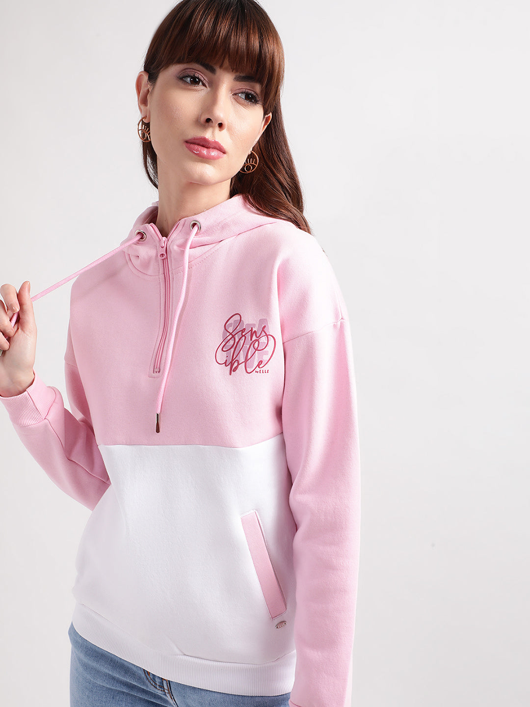 Elle Women Pink Solid Round Neck Sweatshirt