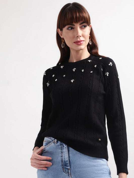 Elle Women Black Solid Round Neck Sweater