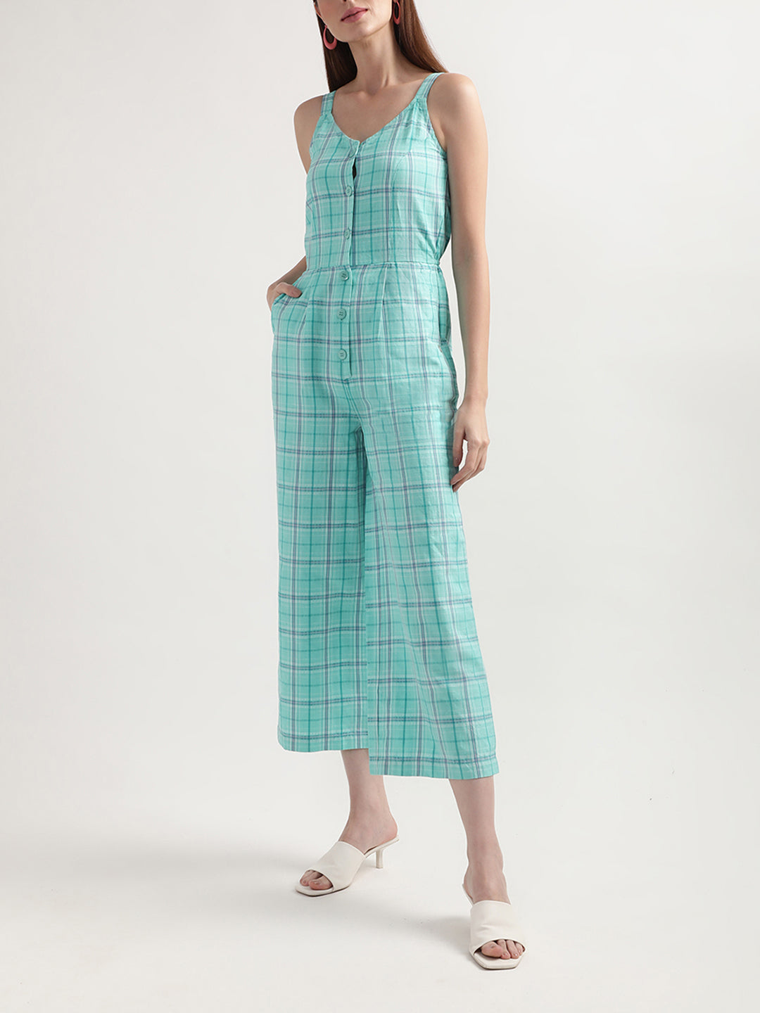 Elle Women Green Checked V Neck Jumpsuit