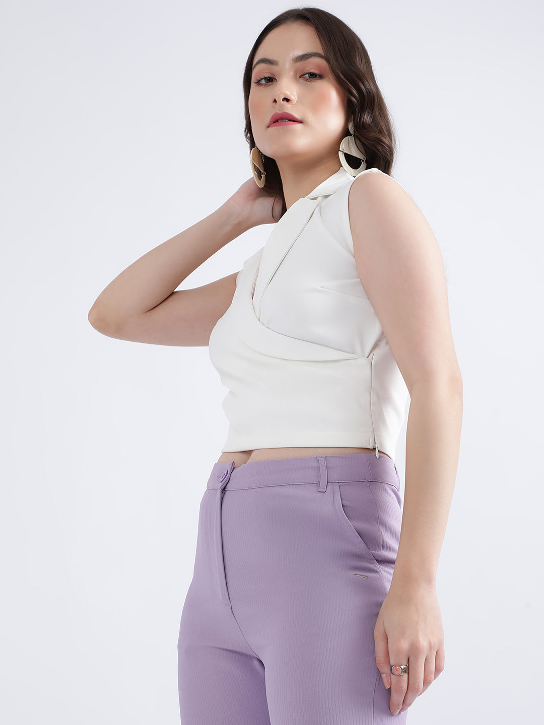 Centre Stage Women White Solid Collar Top