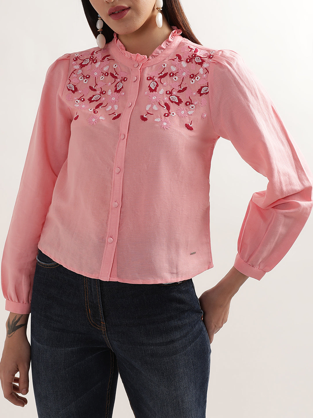 Elle Women Pink Solid Round Neck Top