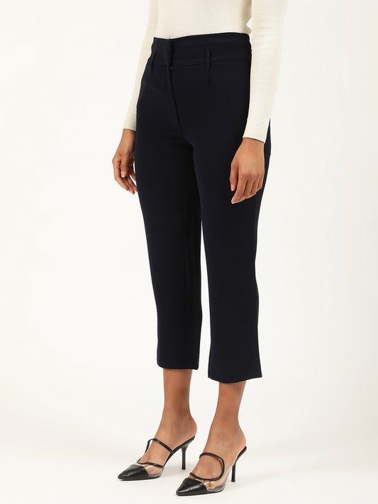 Centre Stage Women Navy Blue Solid Straight Fit Trouser