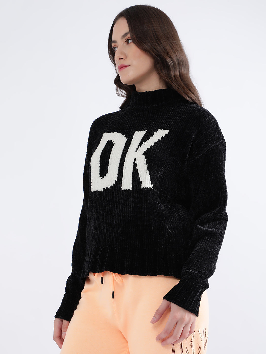 DKNY Women Black Printed Turtle Neck Sweater