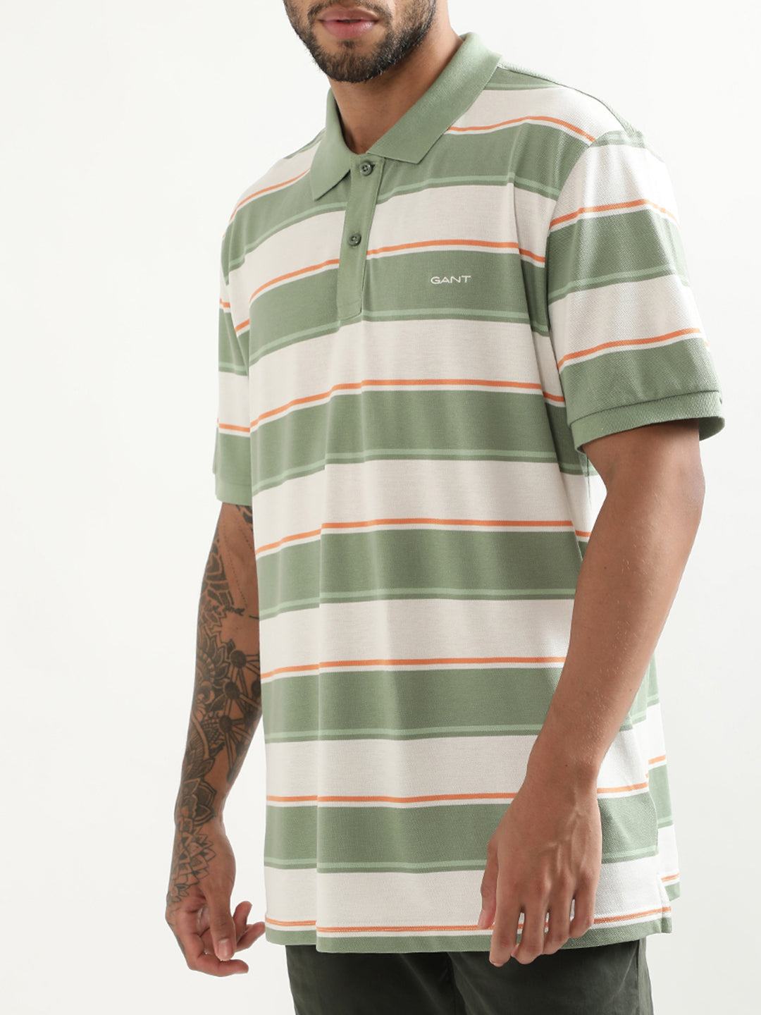 Gant Green Striped Regular Fit Polo T-Shirt