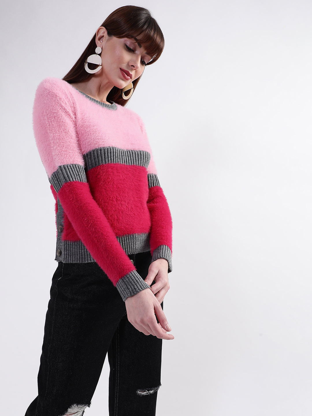 Elle Women Pink Solid Round Neck Sweater