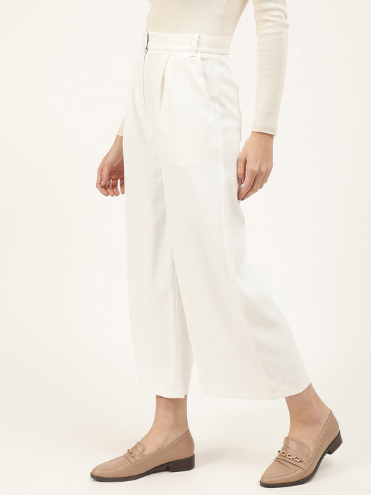 Centre Stage Women White Solid Straight Fit Trouser