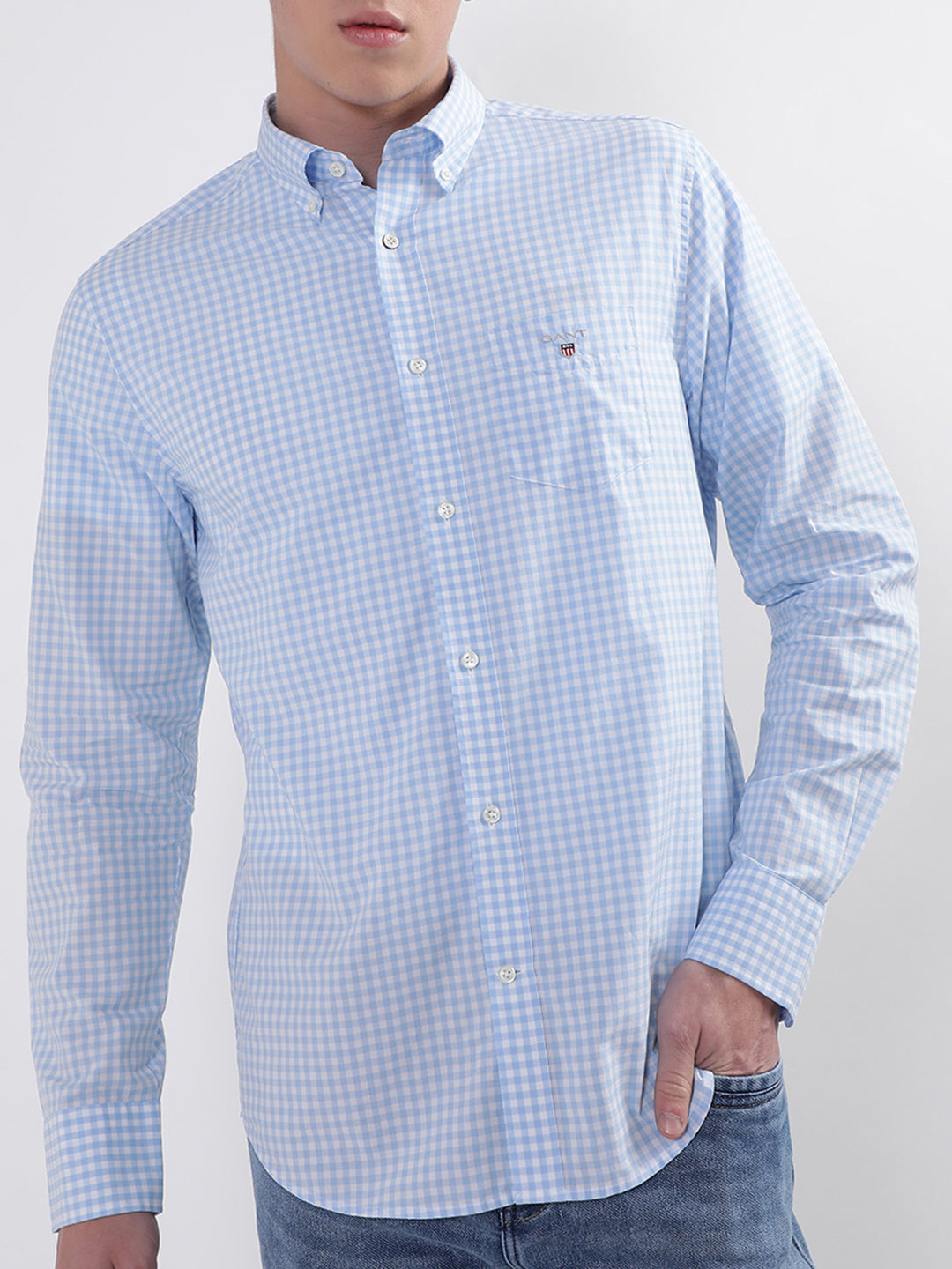 Gant Blue Broadcloth Gingham Checked Regular Fit Shirt