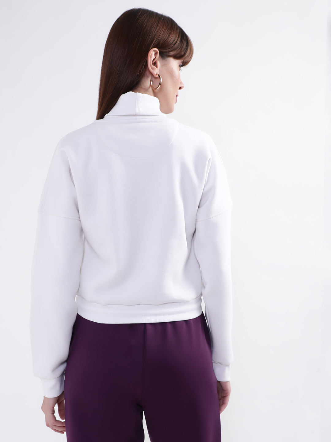 Elle Women White Solid Round Neck Sweatshirt