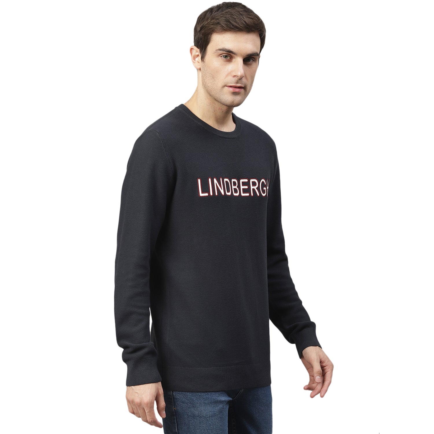 Lindbergh Men Navy Printed Round Neck Sweater