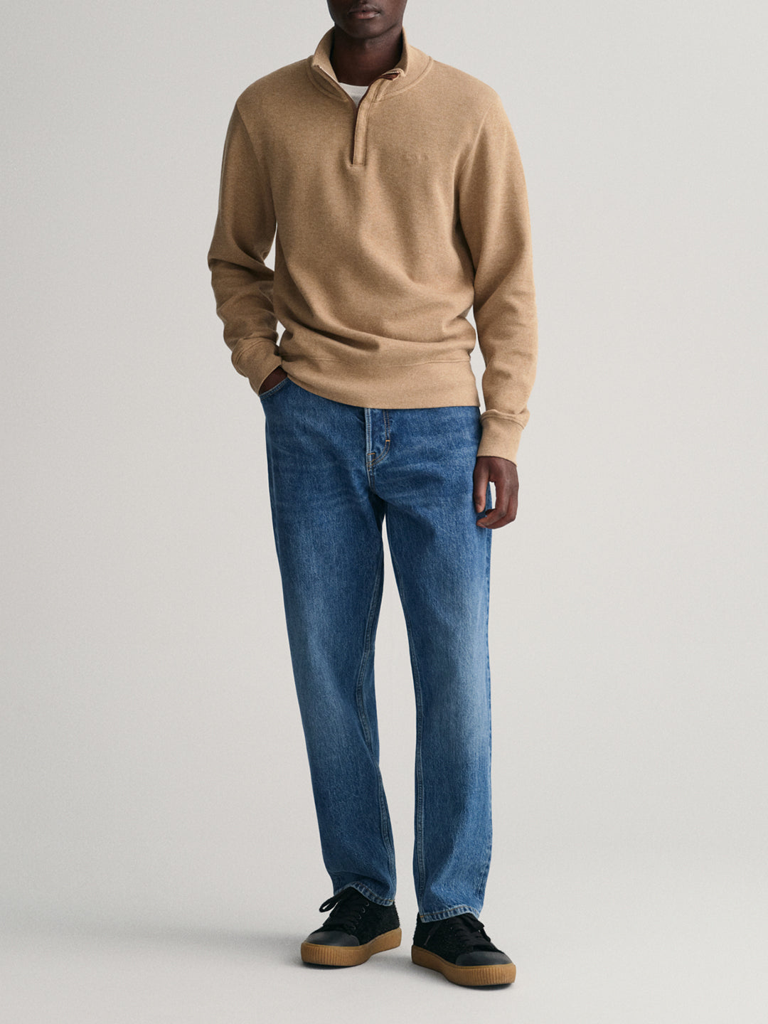 Gant Men Khaki Solid Full Sleeves Stand Collar Sweatshirt