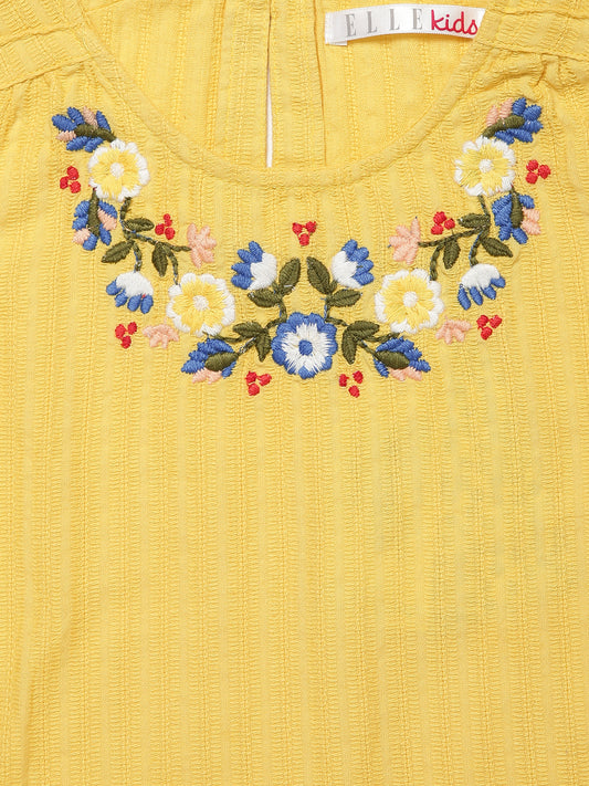 Elle Kids Girls Yellow Embroidered Round Neck Top