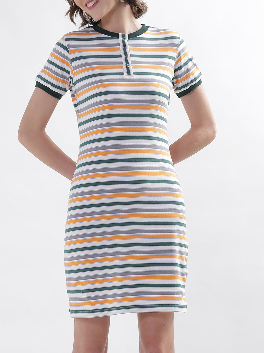 Elle Women Multi Striped Round Neck Dress
