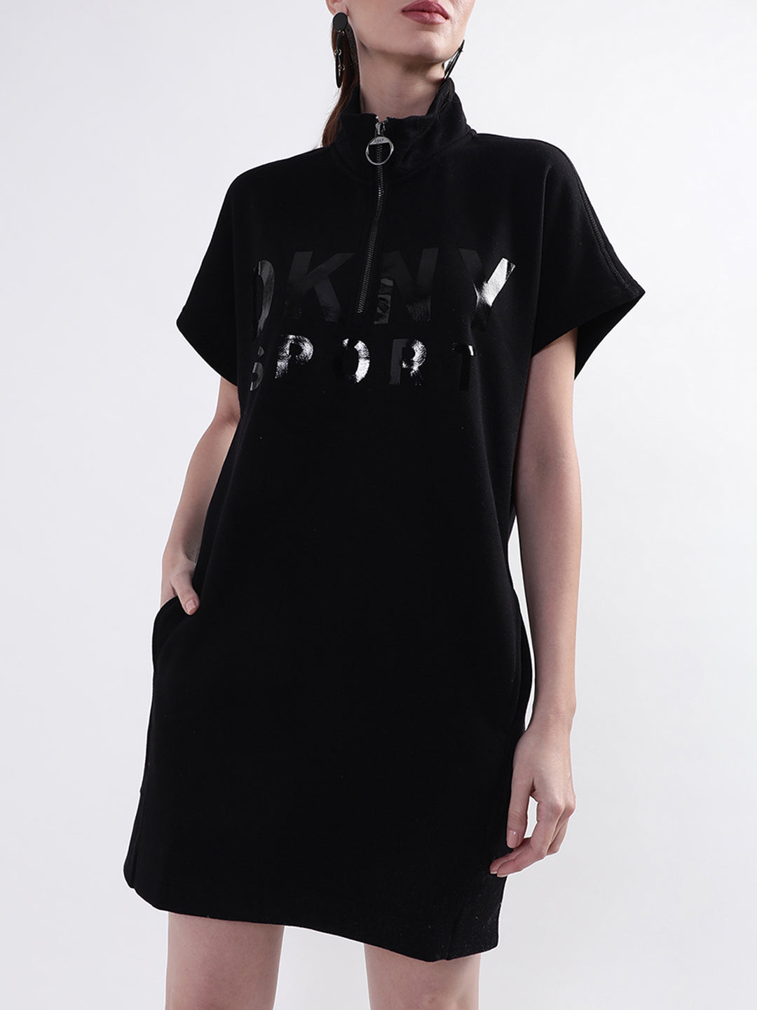 DKNY Women Black Solid High Neck Dress