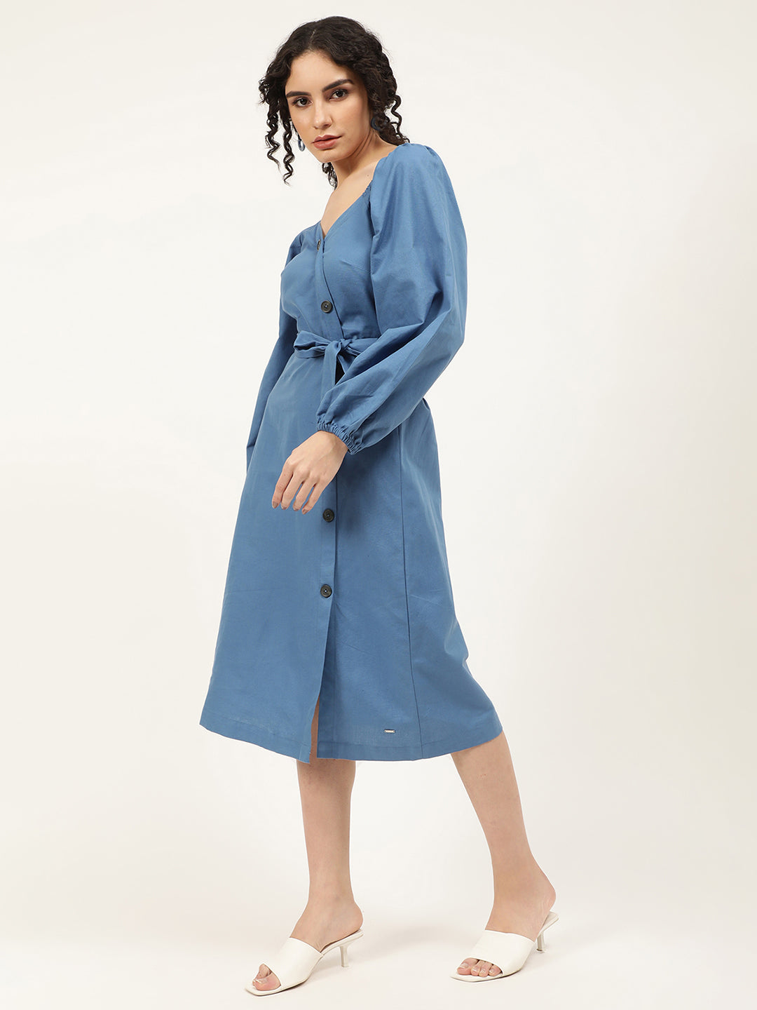 Elle Women Blue Solid Round Neck Dress