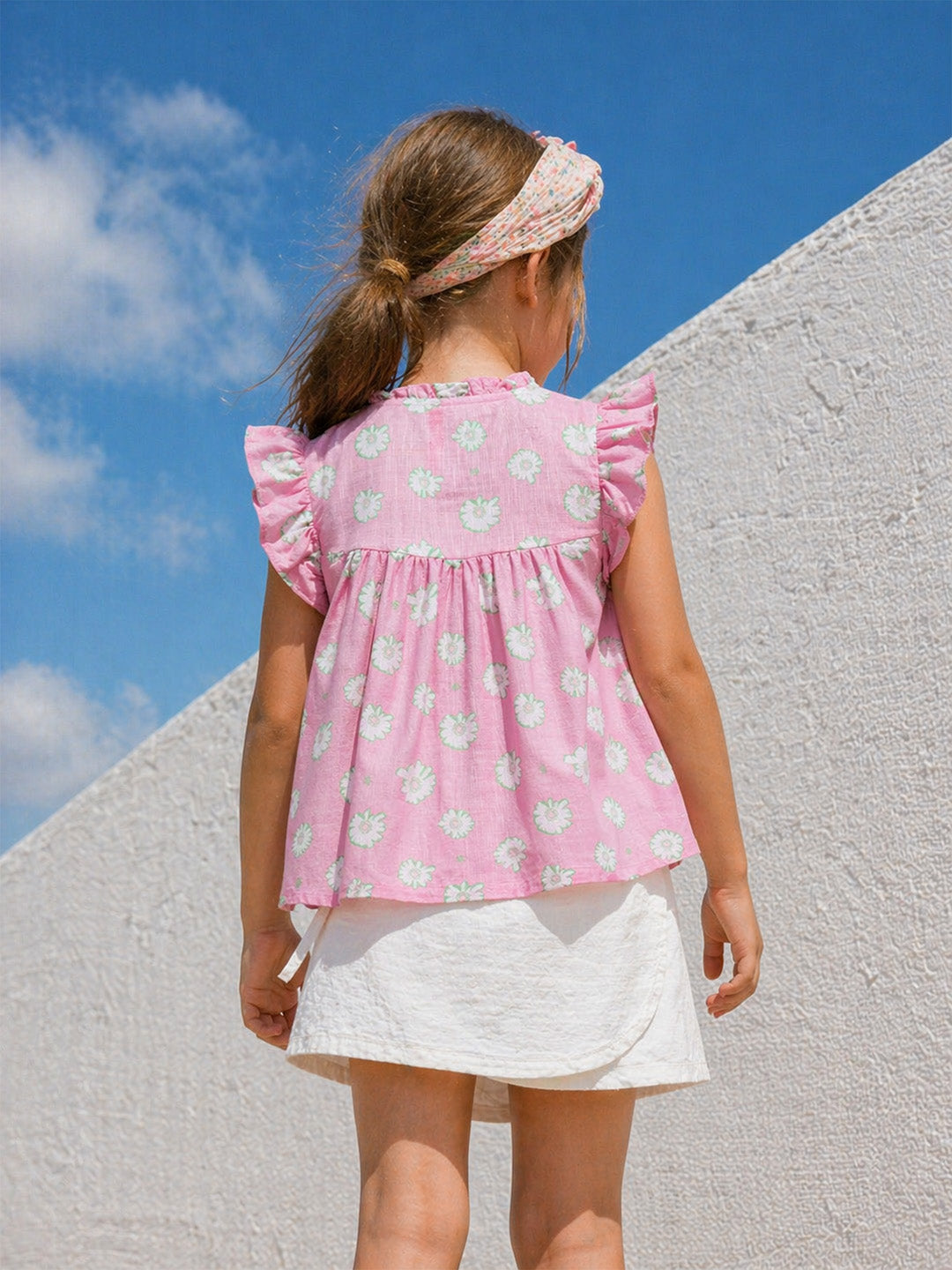 Blue Giraffe Girls Pink Floral Mandarin Collar Top