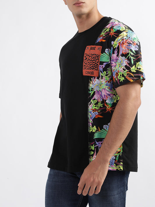 Just Cavalli Black Fashion Floral Print Slim Fit T-Shirt