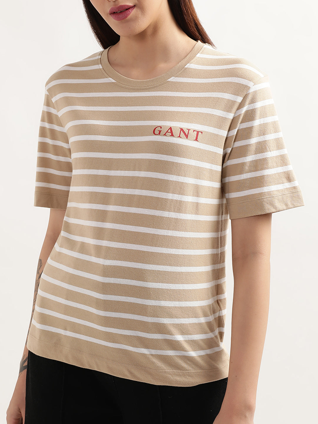 Gant Dark Khaki Preppy Striped Relaxed Fit T-Shirt