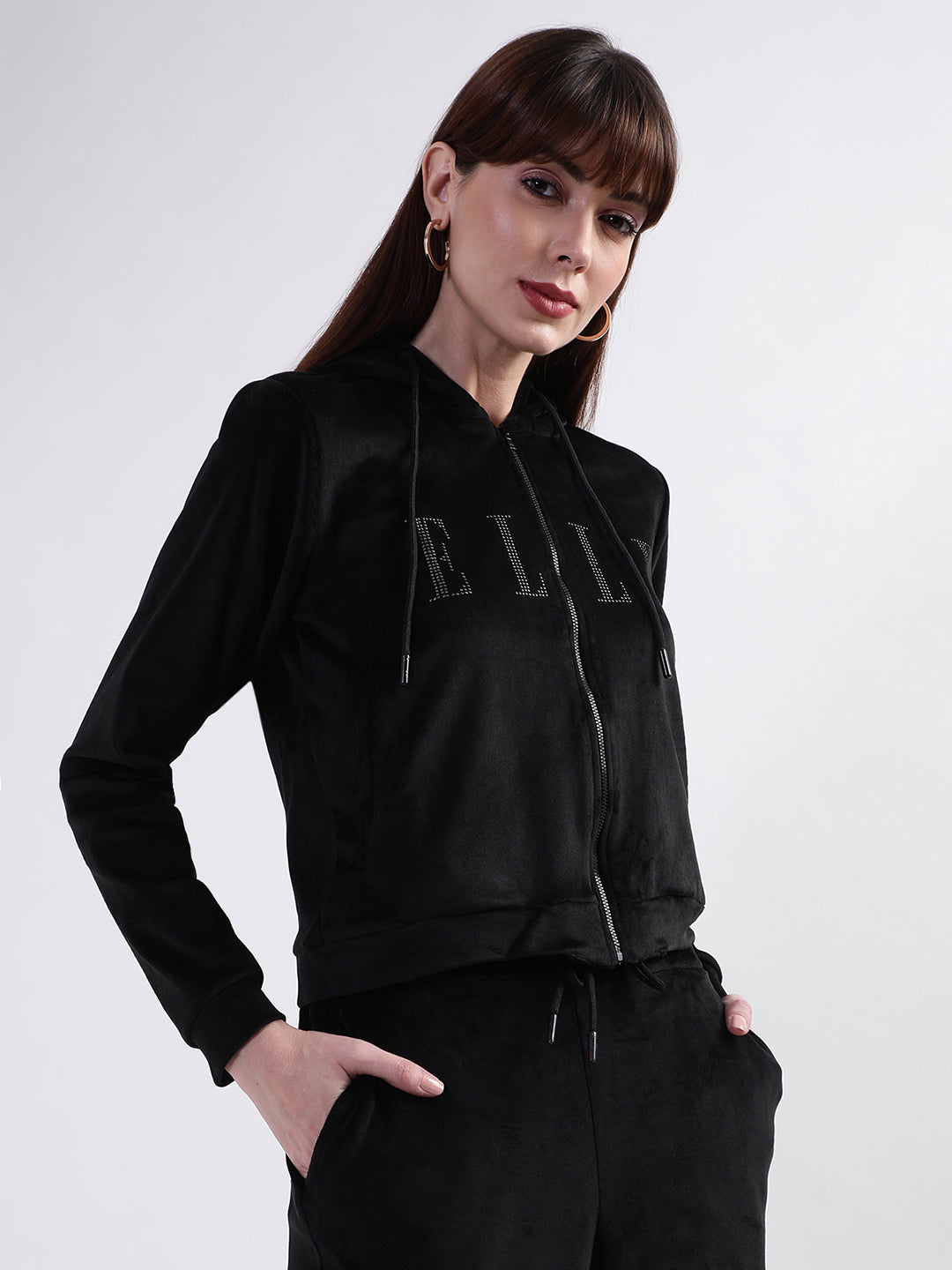 Elle Women Black Solid Round Neck Sweatshirt