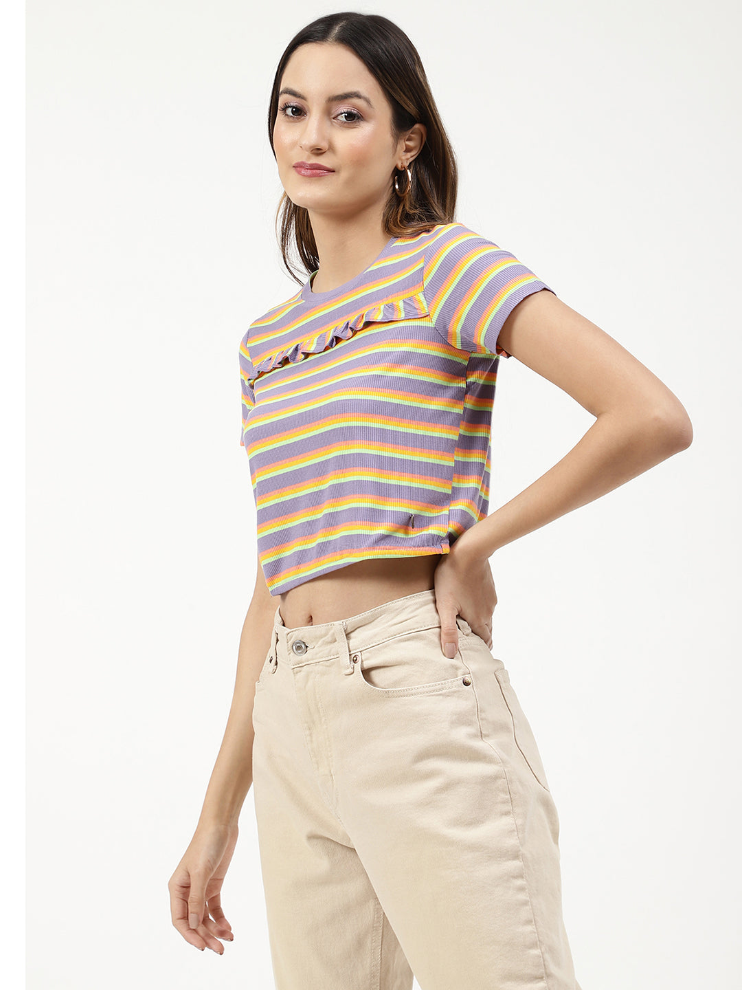 Elle Women Multi Striped Round Neck TShirt