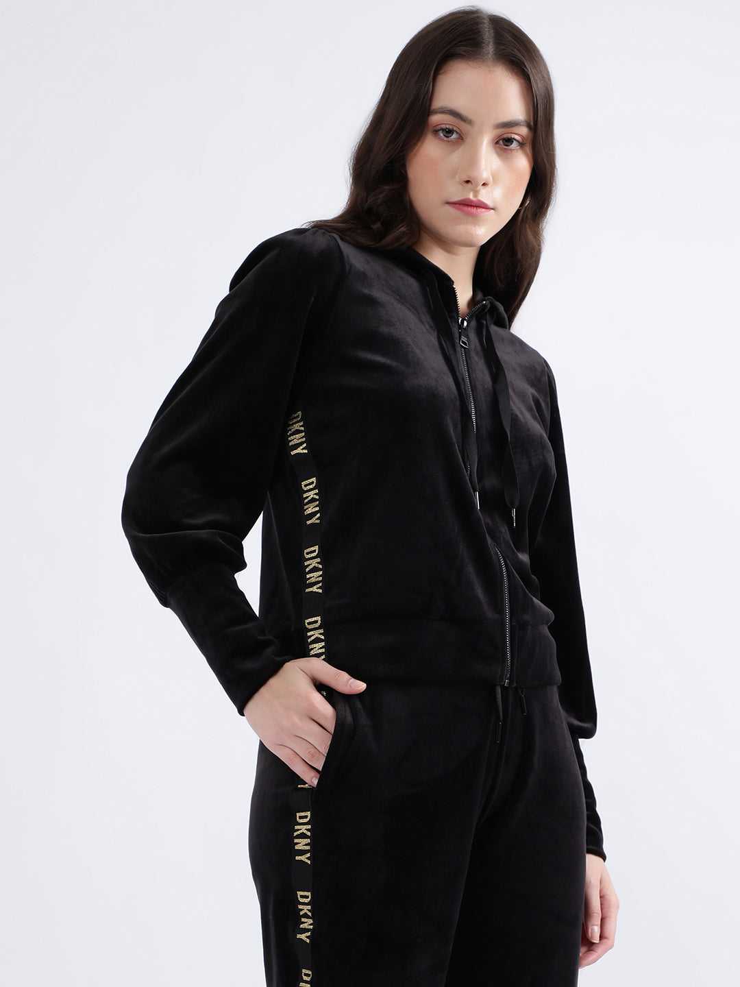 DKNY Women Black Solid Hooded Sweatshirt