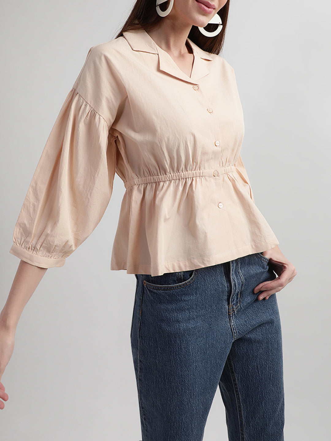 Elle Women Beige Solid Collar Top