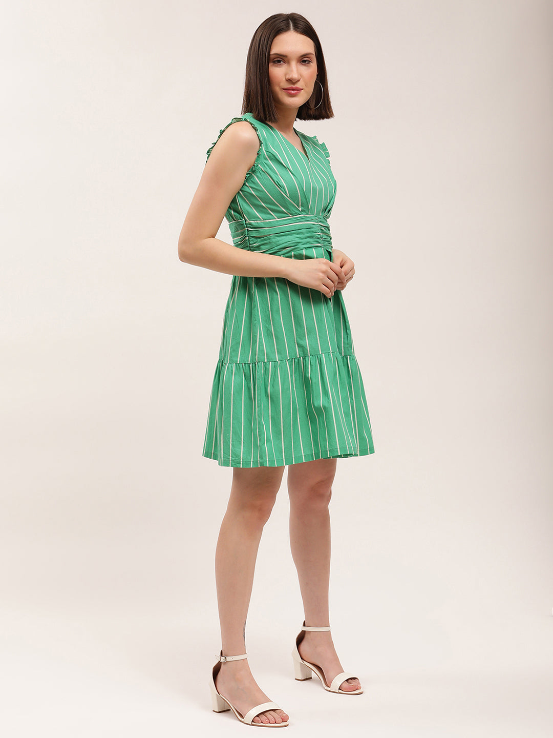 Elle Women Green Striped V Neck Dress