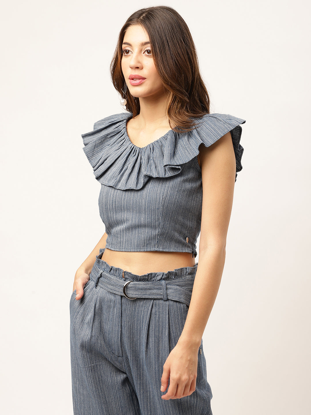 Elle Women Blue Solid V Neck Top