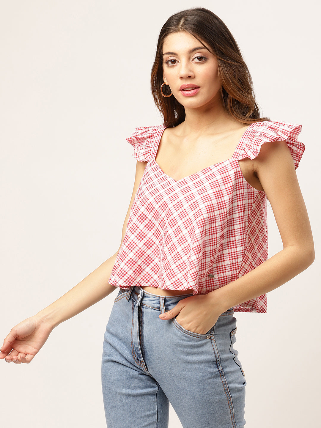 Elle Women Red Checked V Neck Top