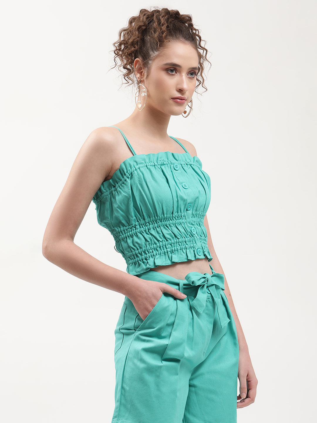 Elle Women Green Solid Square Neck Top