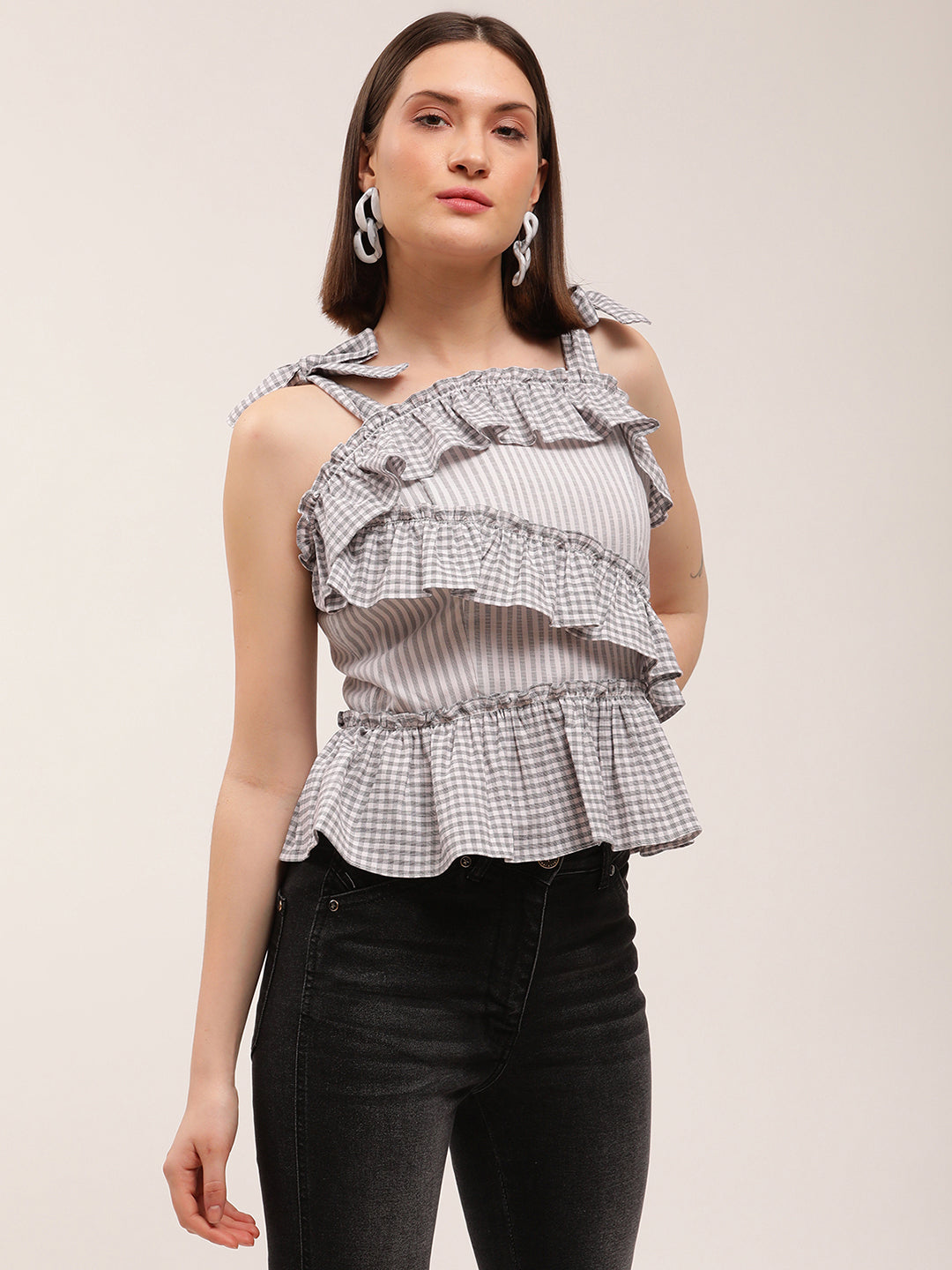 Elle Women Black Striped Assymetrical Neck Top