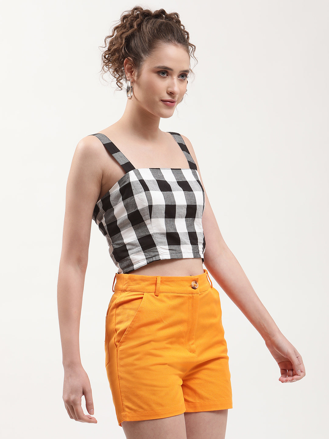 Elle Women Black Checked Square Neck Top