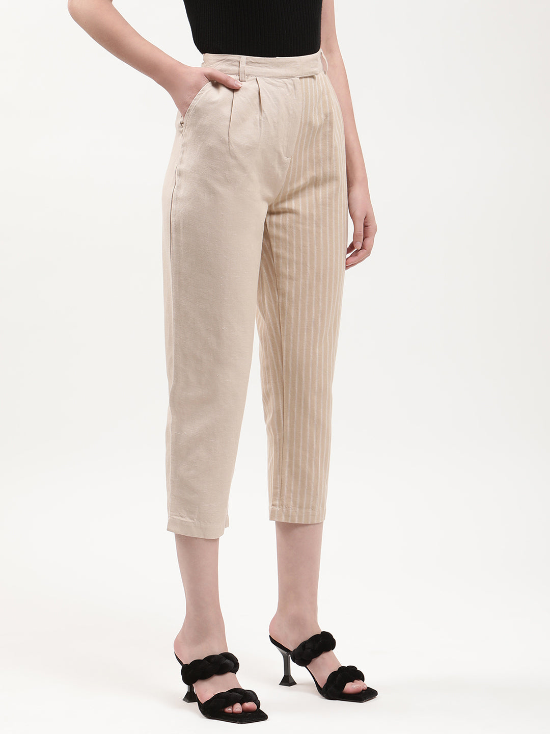 Elle Women Beige Striped Relaxed Fit Trouser