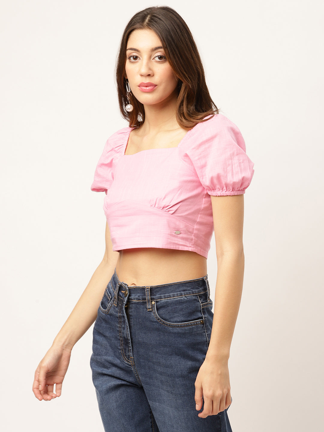 Elle Women Pink Solid Square Neck Top