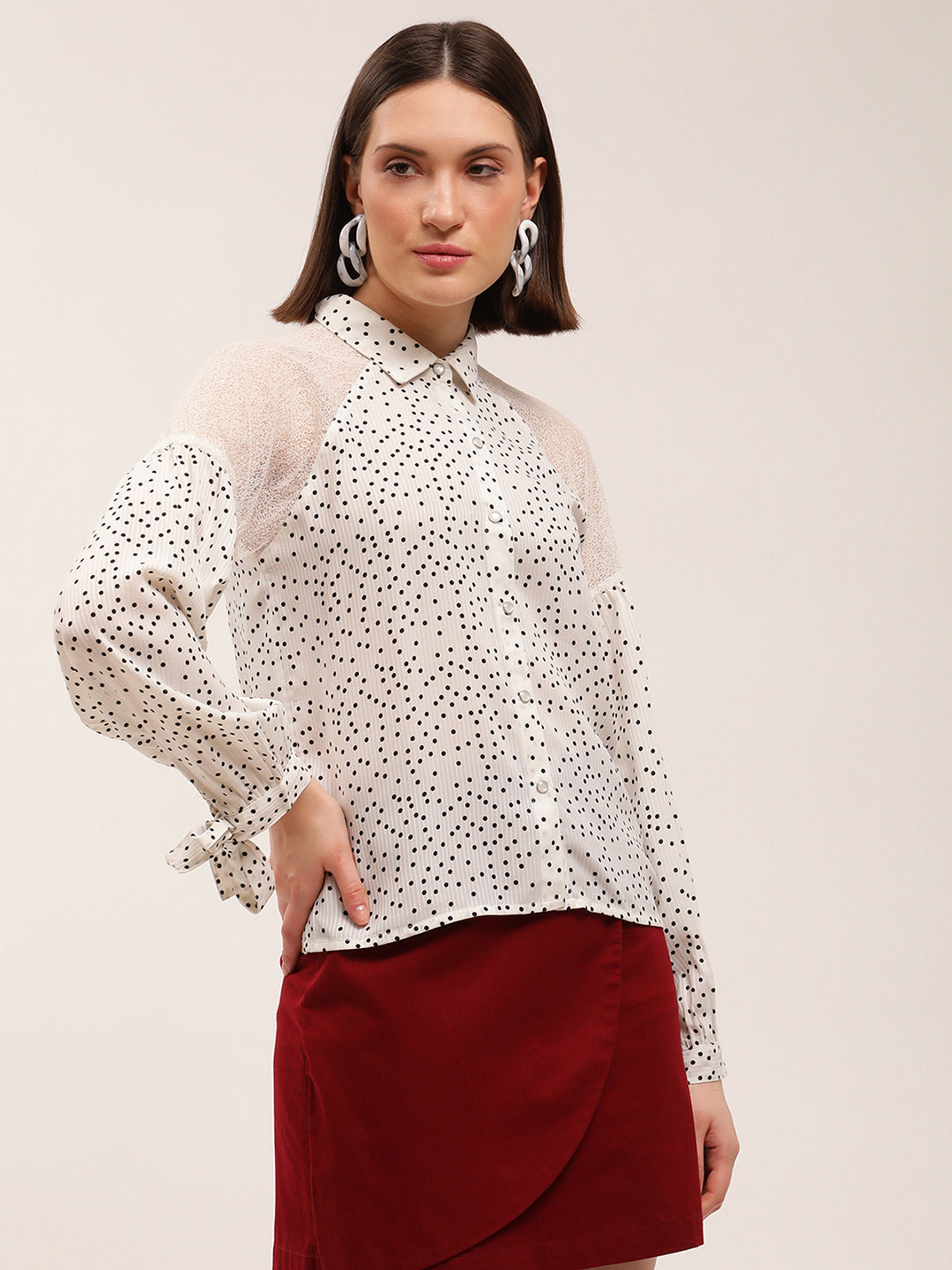 Elle Women White Printed Collar Top