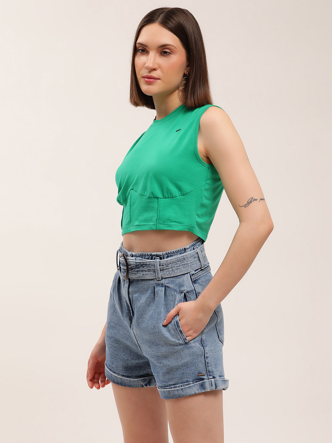 Elle Women Green Solid Round Neck TShirt