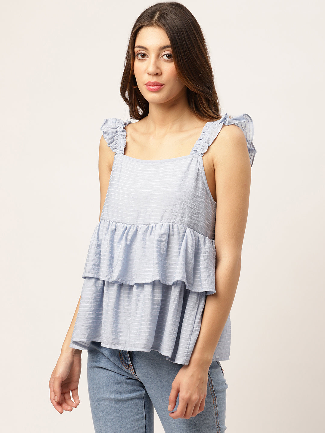 Elle Women Blue Solid Square Neck Top