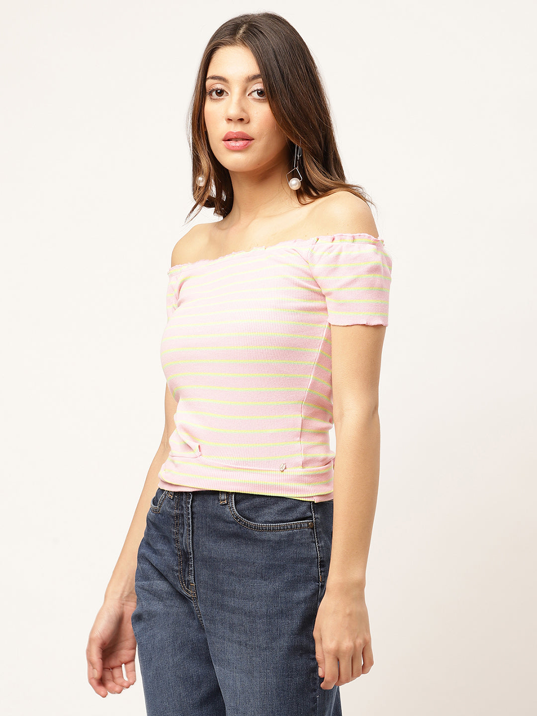 Elle Women Pink Striped Off Shoulder TShirt