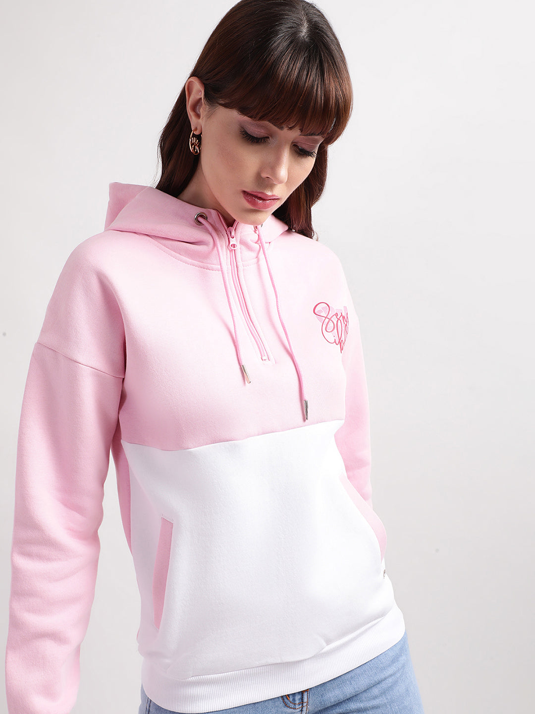 Elle Women Pink Solid Round Neck Sweatshirt