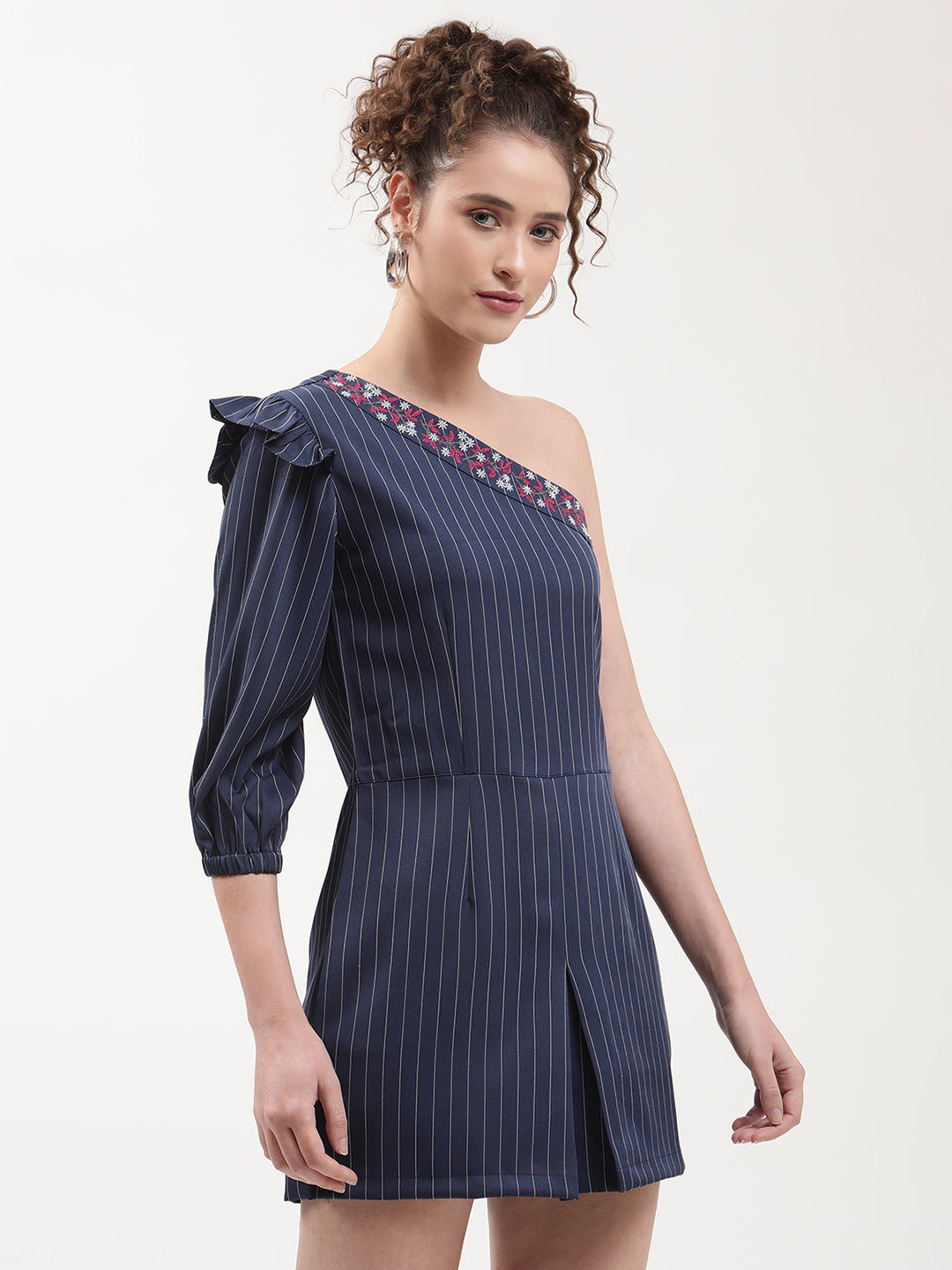 Elle Women Navy Blue Striped Assymetrical Neck Playsuit