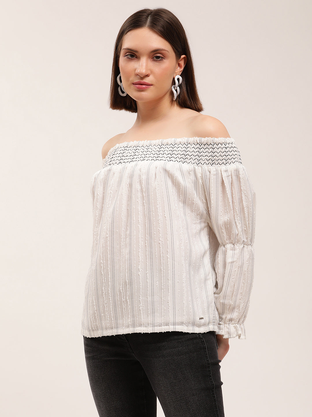 Elle Women White Striped Off Shoulder Top