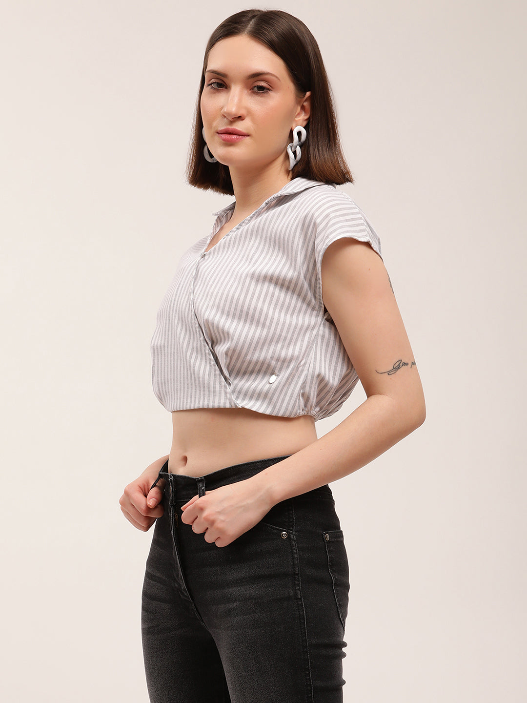 Elle Women Black Striped V Neck Top