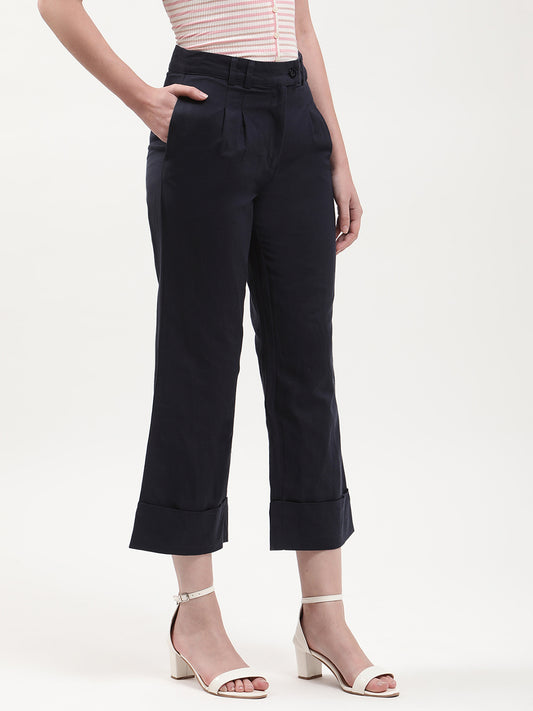 Elle Women Navy Blue Solid Fitted Trouser