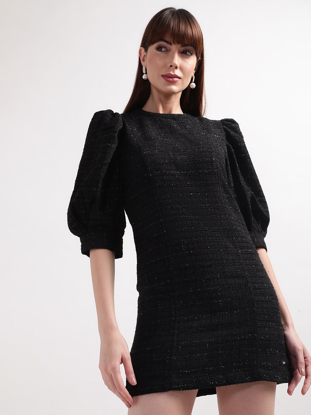 Elle Women Black Solid Band Collar Dress