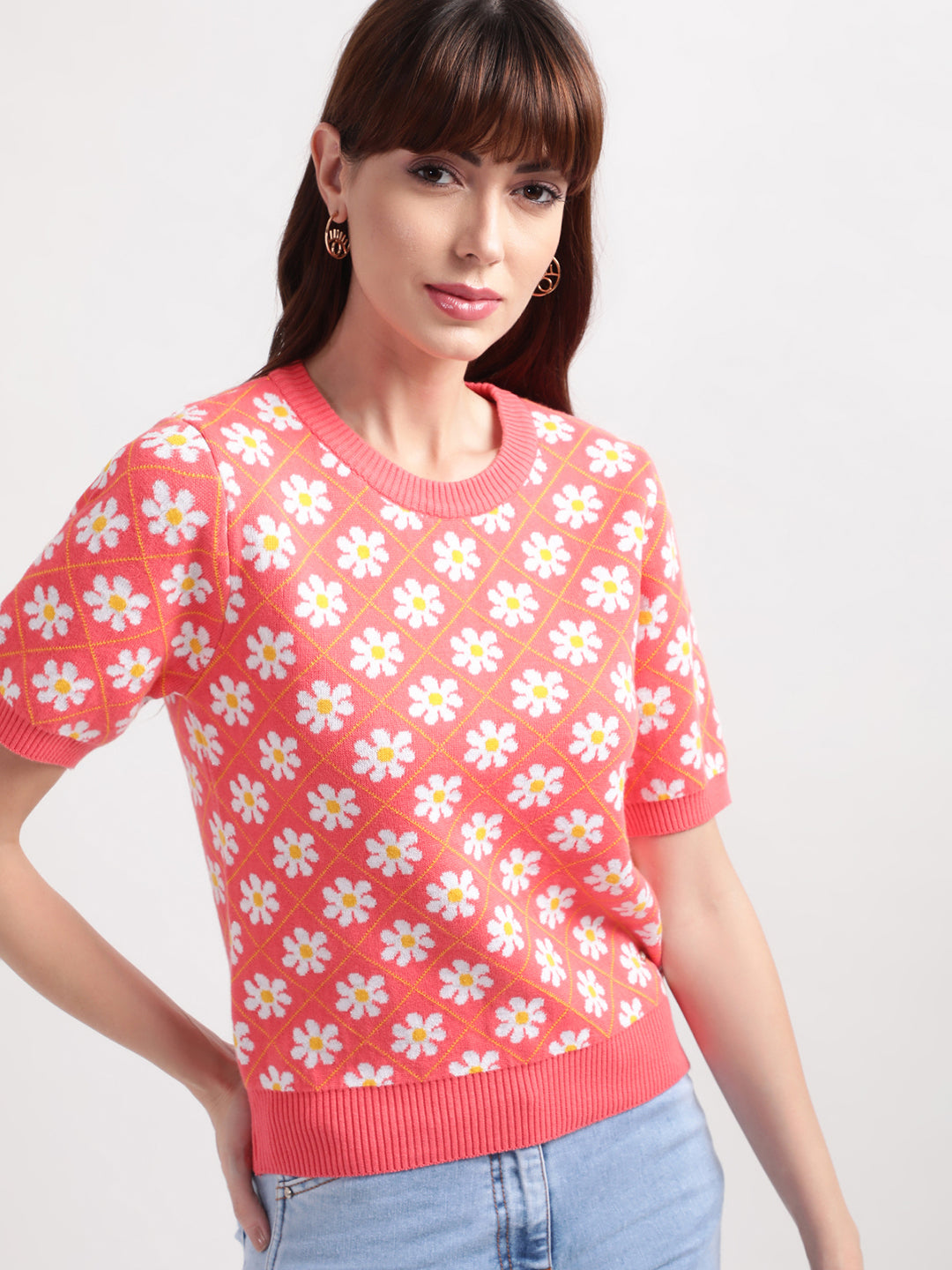 Elle Women Peach Self-Design Round Neck Top